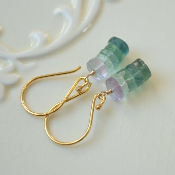 Fluorite Stack Earrings in Gold Vermeil - Hand Made in Canada - Picture 8 of 10